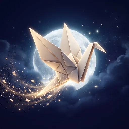 DreamCrane logo: an origami paper crane flying past the moon