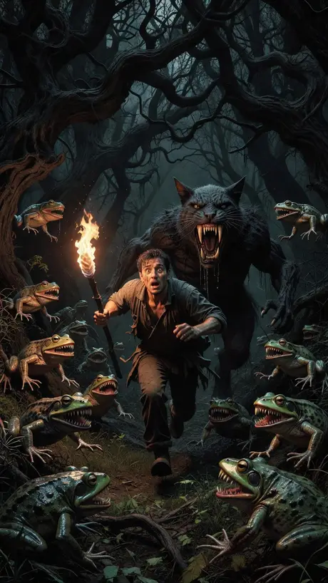 Something with claws chasing a man through a dark forest - painted by DreamCrane from a dream told out loud