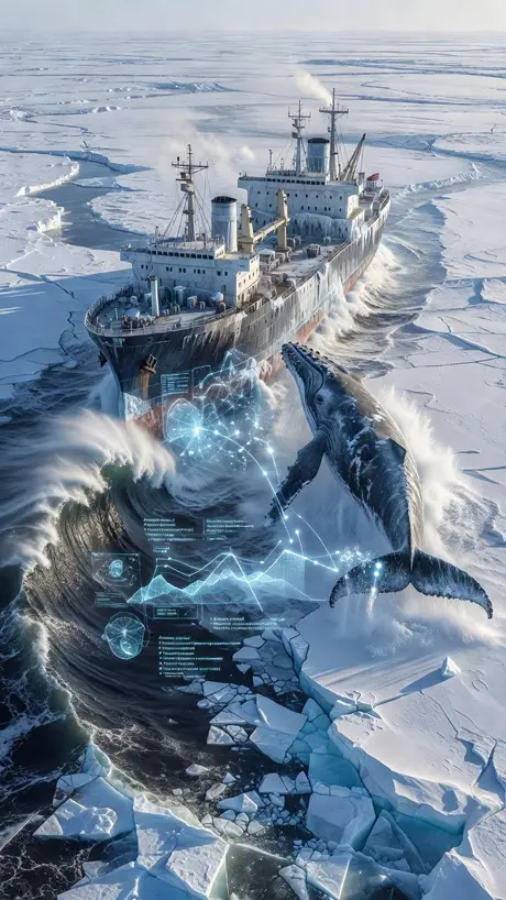 Whales breaking the ice under a fleet of ships - a dream painted by DreamCrane, the AI dream journal