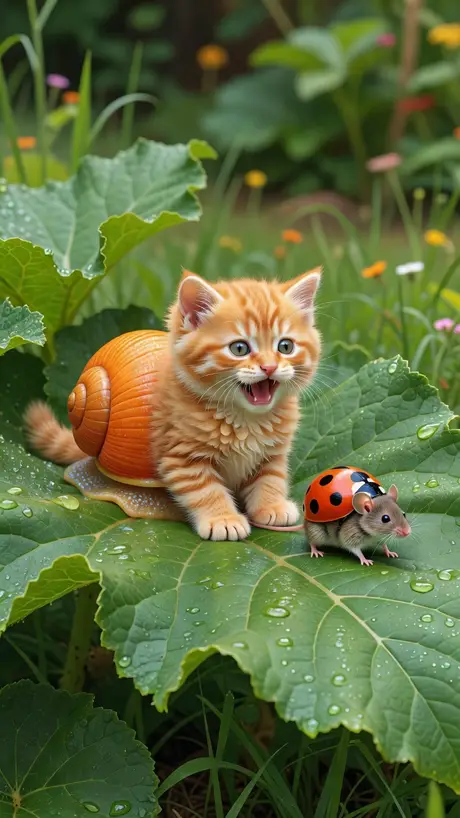 A kitten in a pumpkin shell talking to a ladybird - a dream painted by DreamCrane, the AI dream journal