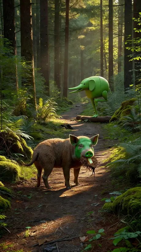 A green flying elephant hovering over a boar in the woods - a dream painted by DreamCrane, the AI dream journal