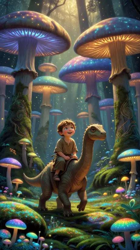 A child riding a dinosaur through a forest of glowing mushrooms - an AI dream painting from the DreamCrane dream journal
