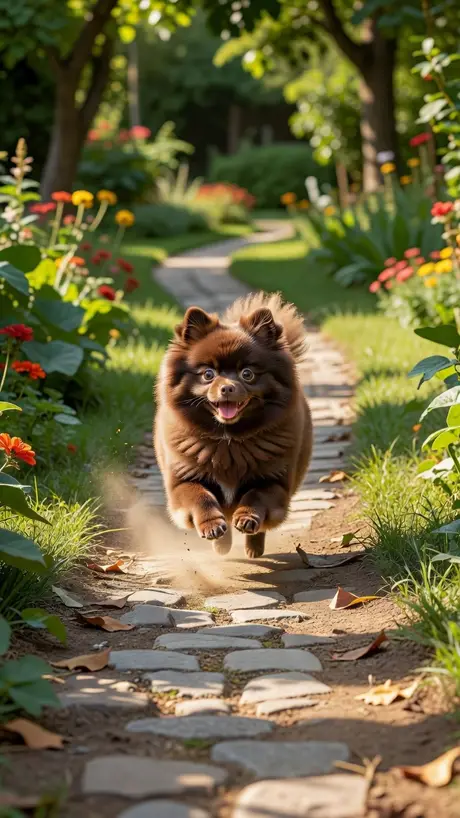 A small dog running down a garden path - a dream painted by DreamCrane, the AI dream journal