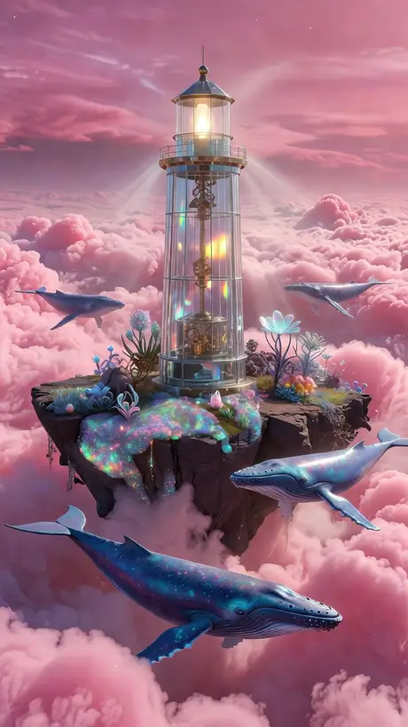 A lighthouse standing on a floating island while whales swim through pink clouds - a dream painted by DreamCrane, the AI dream journal