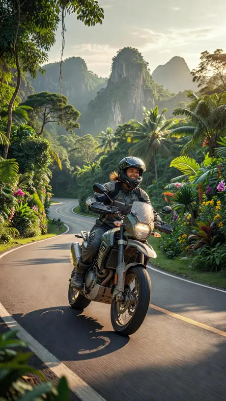 Motorcycles on a jungle mountain road - an AI dream painting from the DreamCrane dream journal