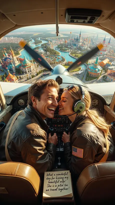 Two pilots kissing in a cockpit above a city of islands - painted by DreamCrane from a dream told out loud