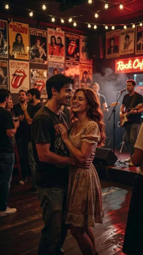 A couple dancing in a rock café while the band plays - an AI dream painting from the DreamCrane dream journal