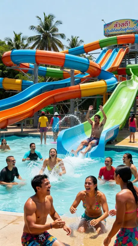 A water park crowded with people at night - painted by DreamCrane from a dream told out loud