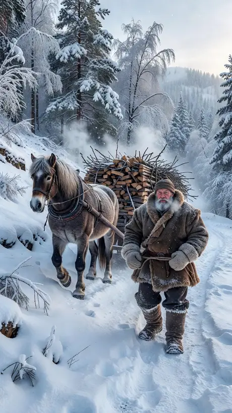 Horses hauling firewood through endless snow - an AI dream painting from the DreamCrane dream journal
