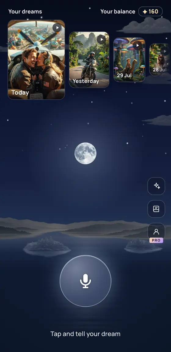 DreamCrane home screen: the dream journal above a moonlit landscape with the record button ready