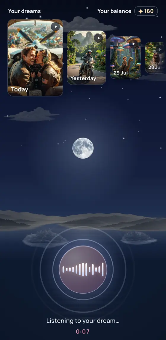 DreamCrane listening while a dream is described out loud, wave ring around the record button