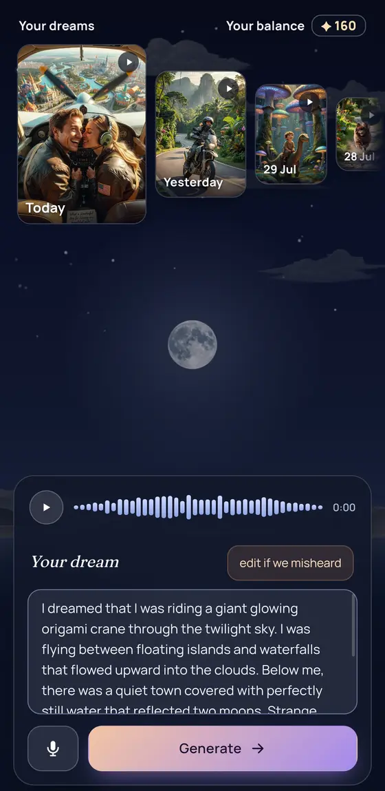 DreamCrane review screen: the spoken dream transcribed into editable text before it is painted